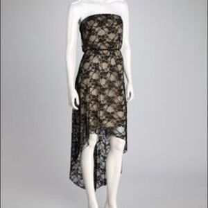 Black Lace Hi-Low Strapless Beach Dress Sheer Nude